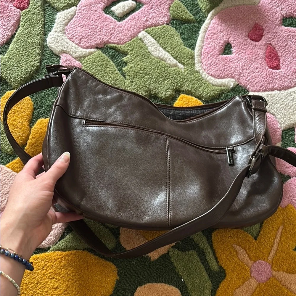 Embroidered Slouched Brown Shoulder Bag